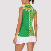 Fiji Lovoni Women Sleeveless Polo Shirt Fijian Tapa Salusalu Green Glitter LT05 - Polynesian Pride