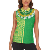 Fiji Lovoni Women Sleeveless Polo Shirt Fijian Tapa Salusalu Green Glitter LT05 - Polynesian Pride