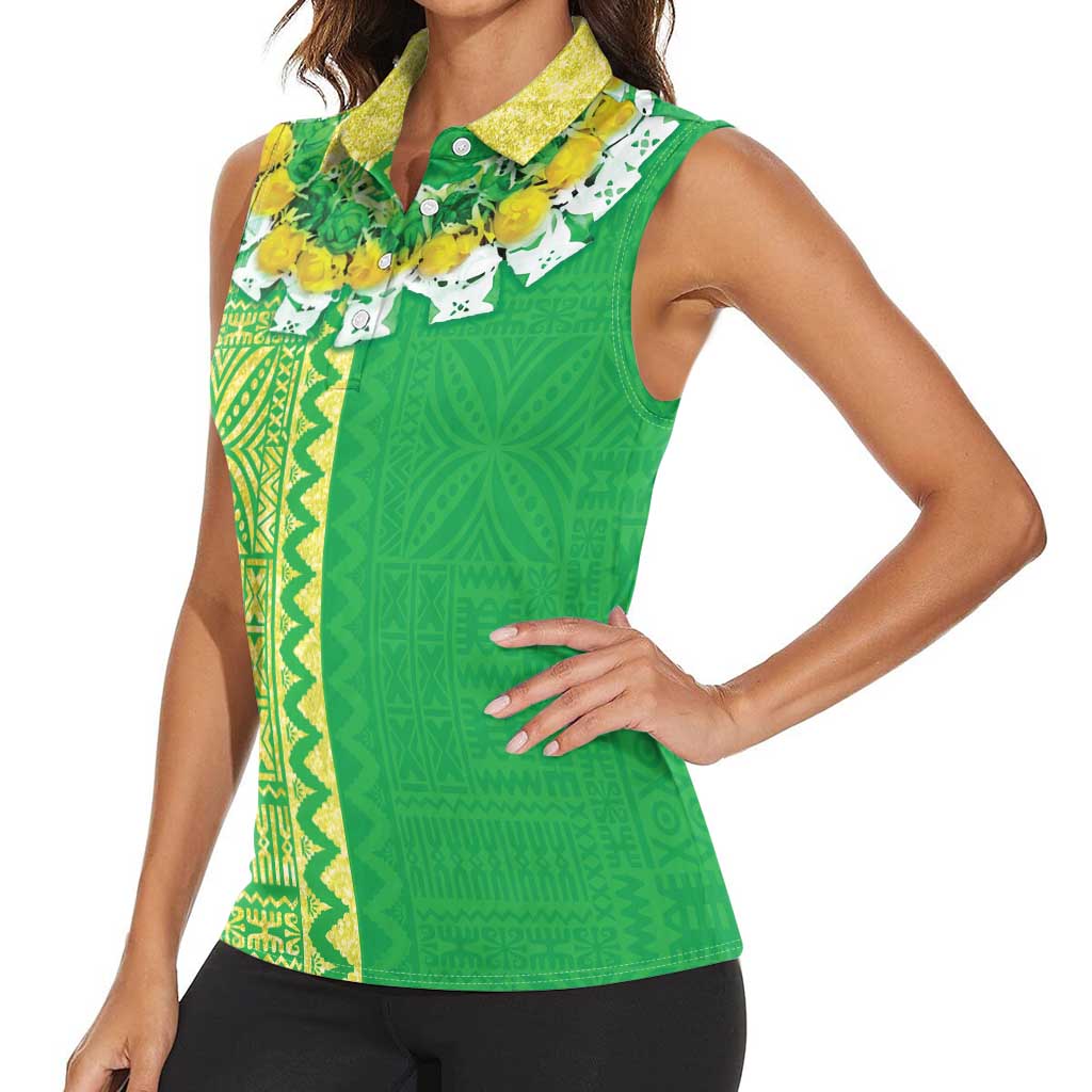 Fiji Lovoni Women Sleeveless Polo Shirt Fijian Tapa Salusalu Green Glitter LT05 - Polynesian Pride