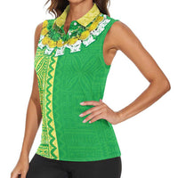 Fiji Lovoni Women Sleeveless Polo Shirt Fijian Tapa Salusalu Green Glitter LT05 - Polynesian Pride