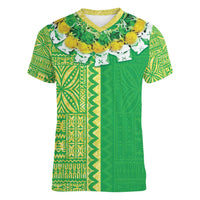 Fiji Lovoni Women V-Neck T-Shirt Fijian Tapa Salusalu Green Glitter LT05 Female Green - Polynesian Pride