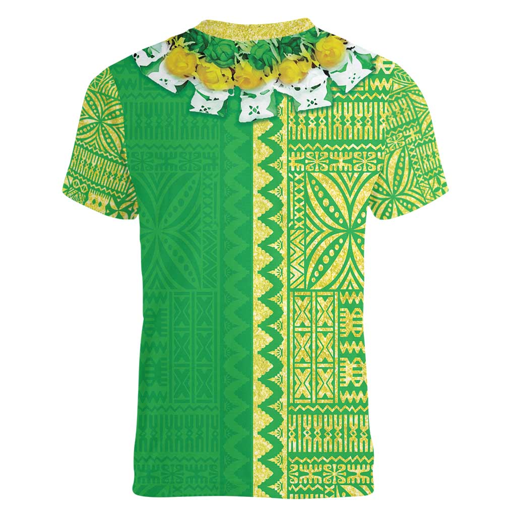 Fiji Lovoni Women V-Neck T-Shirt Fijian Tapa Salusalu Green Glitter LT05 - Polynesian Pride