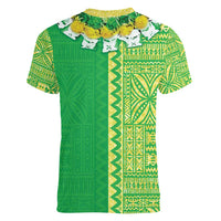 Fiji Lovoni Women V-Neck T-Shirt Fijian Tapa Salusalu Green Glitter LT05 - Polynesian Pride