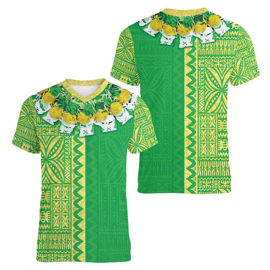 Fiji Lovoni Women V-Neck T-Shirt Fijian Tapa Salusalu Green Glitter LT05 - Polynesian Pride