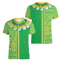 Fiji Lovoni Women V-Neck T-Shirt Fijian Tapa Salusalu Green Glitter LT05 - Polynesian Pride