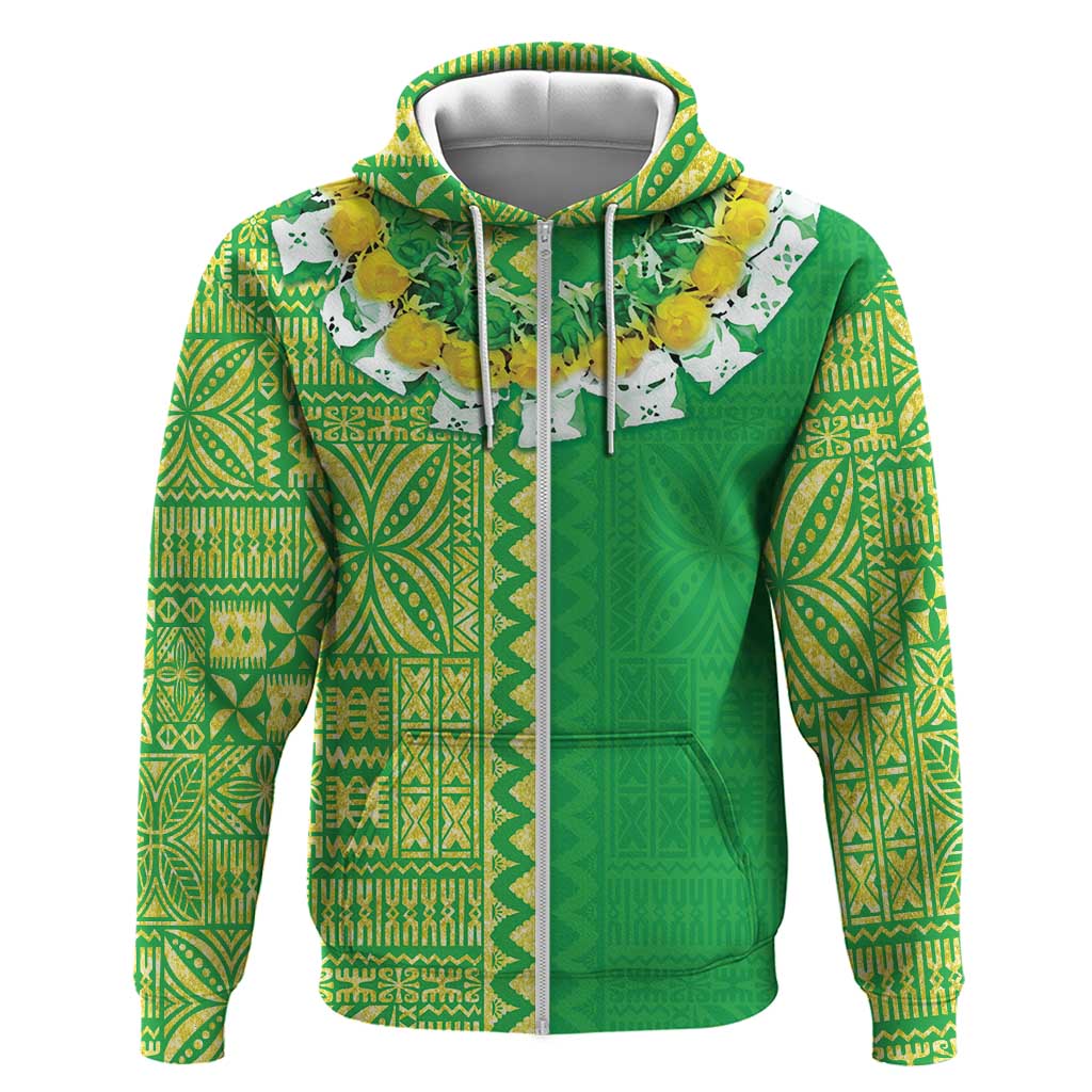 Fiji Lovoni Zip Hoodie Fijian Tapa Salusalu Green Glitter LT05 Zip Hoodie Green - Polynesian Pride