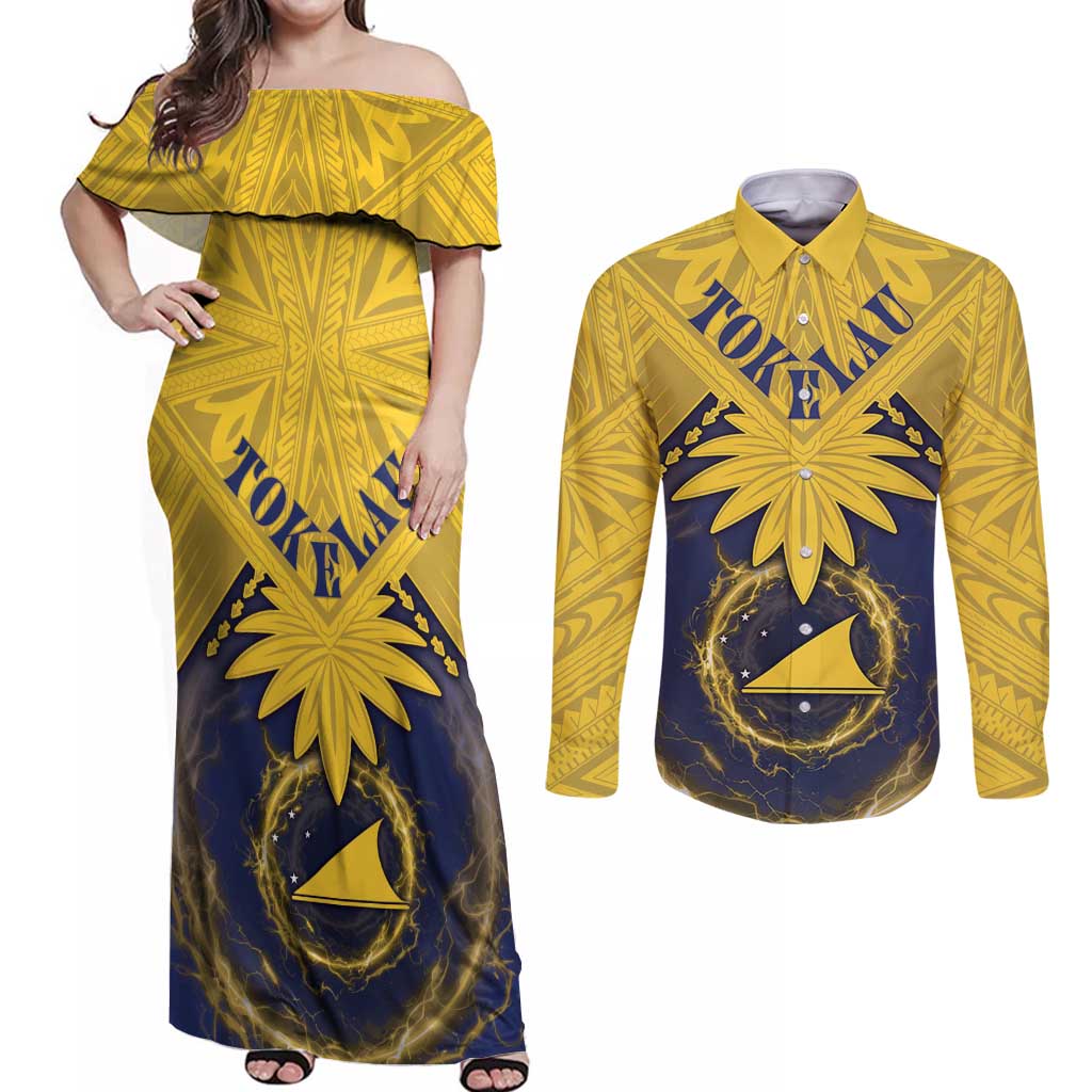 Tokelau Tokehega Day Couples Matching Off Shoulder Maxi Dress and Long Sleeve Button Shirt National Badge Special Style LT05 Yellow - Polynesian Pride