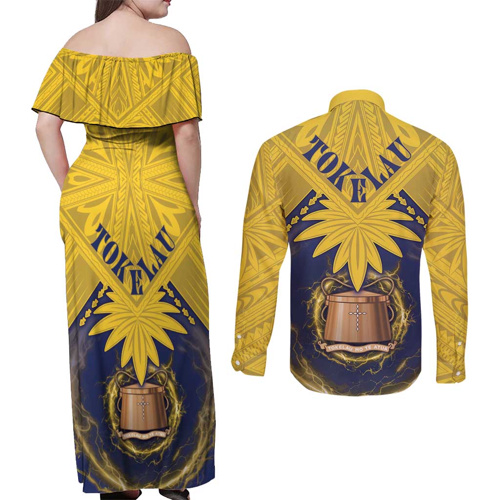 Tokelau Tokehega Day Couples Matching Off Shoulder Maxi Dress and Long Sleeve Button Shirt National Badge Special Style LT05 - Polynesian Pride