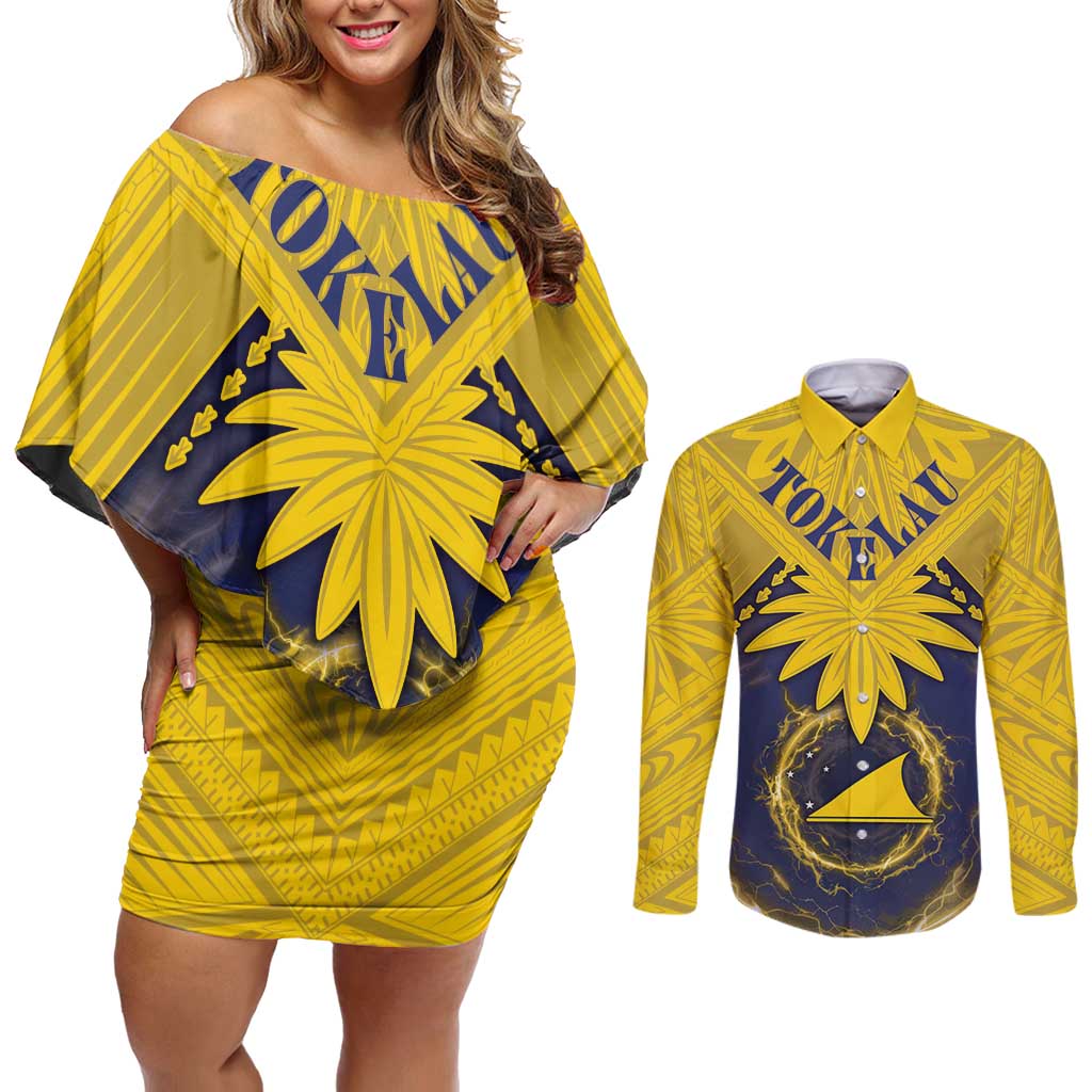 Tokelau Tokehega Day Couples Matching Off Shoulder Short Dress and Long Sleeve Button Shirt National Badge Special Style LT05 Yellow - Polynesian Pride