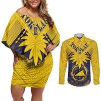 Tokelau Tokehega Day Couples Matching Off Shoulder Short Dress and Long Sleeve Button Shirt National Badge Special Style LT05 Yellow - Polynesian Pride