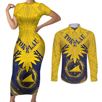 Tokelau Tokehega Day Couples Matching Short Sleeve Bodycon Dress and Long Sleeve Button Shirt National Badge Special Style LT05 Yellow - Polynesian Pride