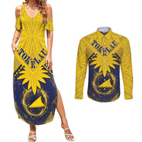 Tokelau Tokehega Day Couples Matching Summer Maxi Dress and Long Sleeve Button Shirt National Badge Special Style LT05 Yellow - Polynesian Pride