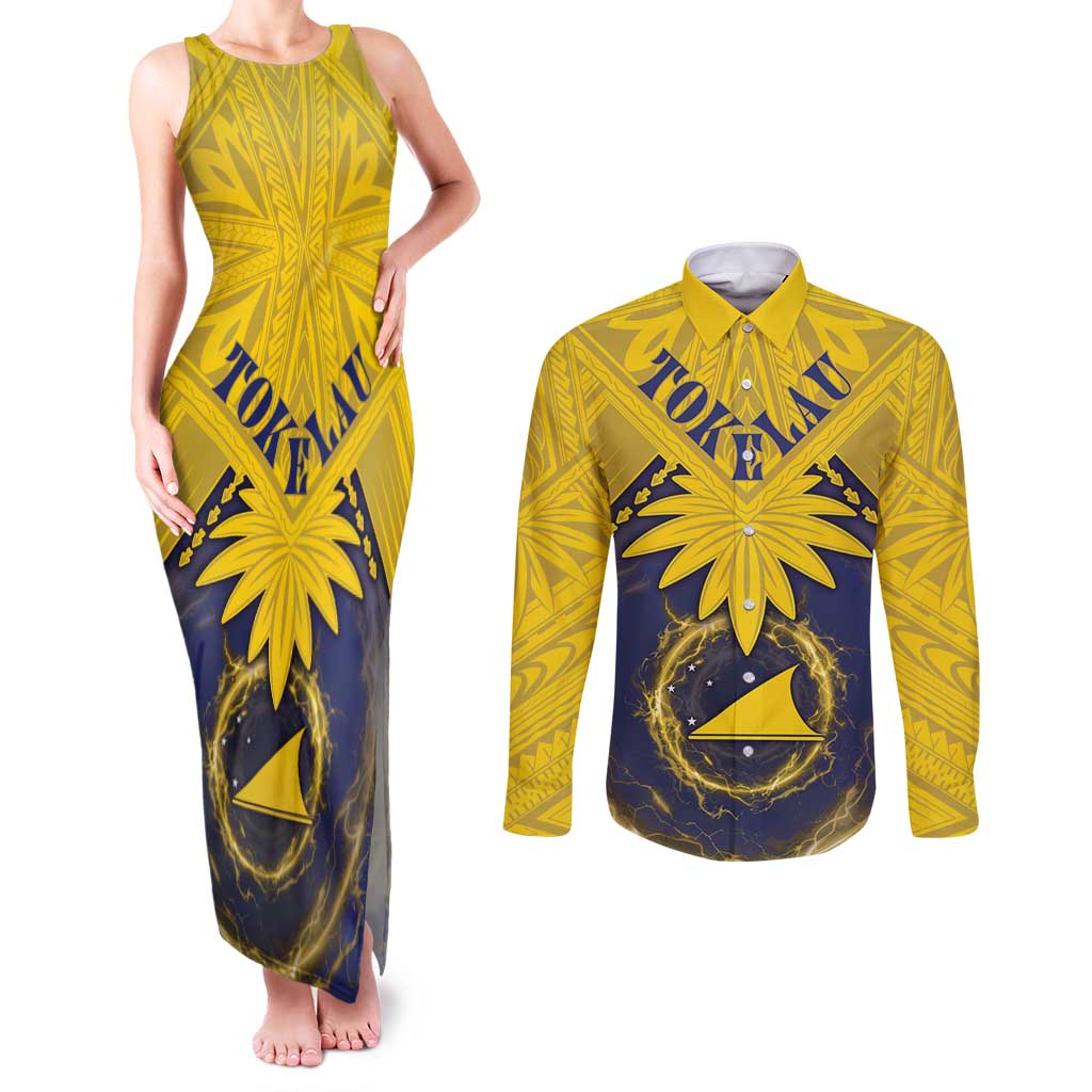 Tokelau Tokehega Day Couples Matching Tank Maxi Dress and Long Sleeve Button Shirt National Badge Special Style LT05 Yellow - Polynesian Pride
