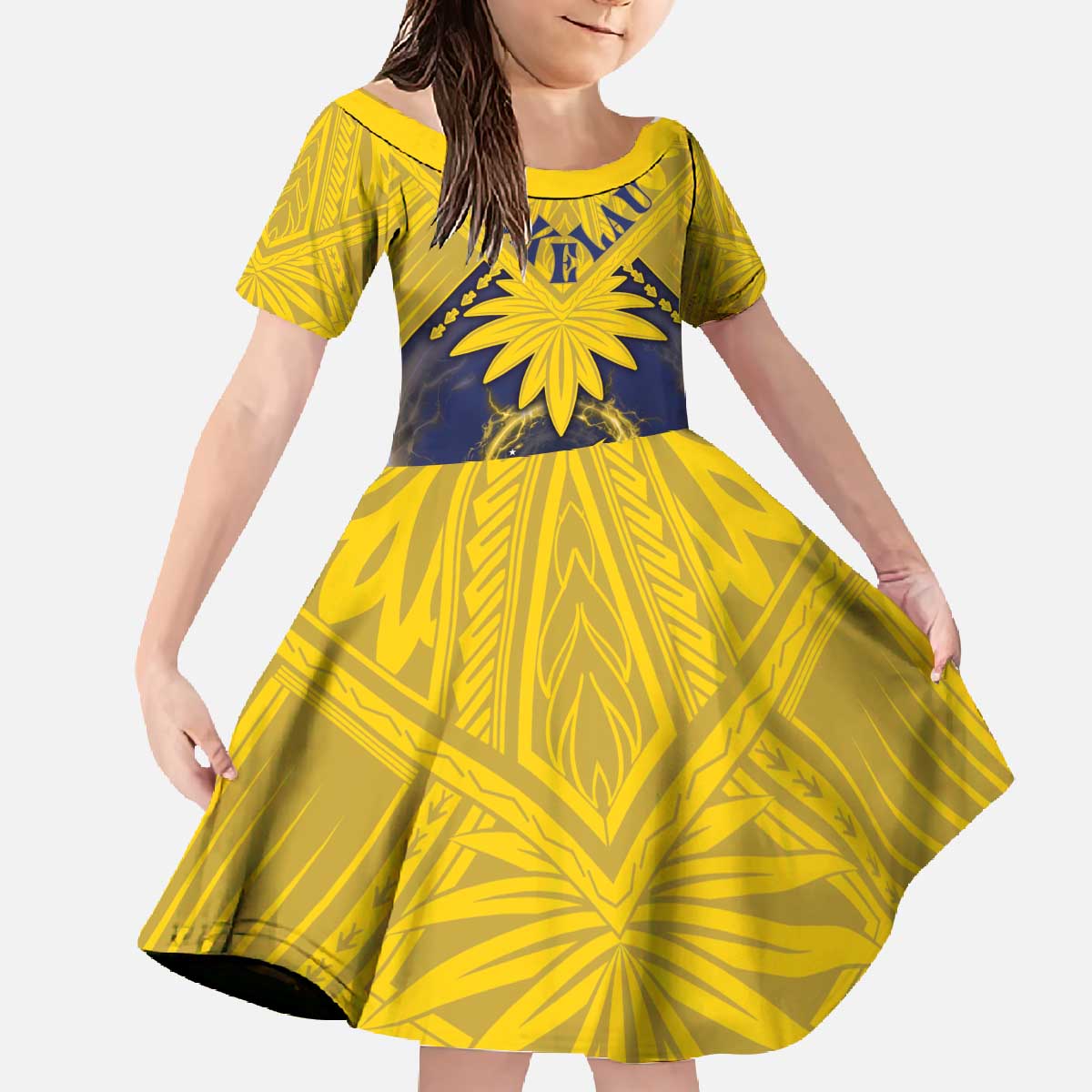 Tokelau Tokehega Day Family Matching Off The Shoulder Long Sleeve Dress and Hawaiian Shirt National Badge Special Style LT05 Daughter's Dress Yellow - Polynesian Pride
