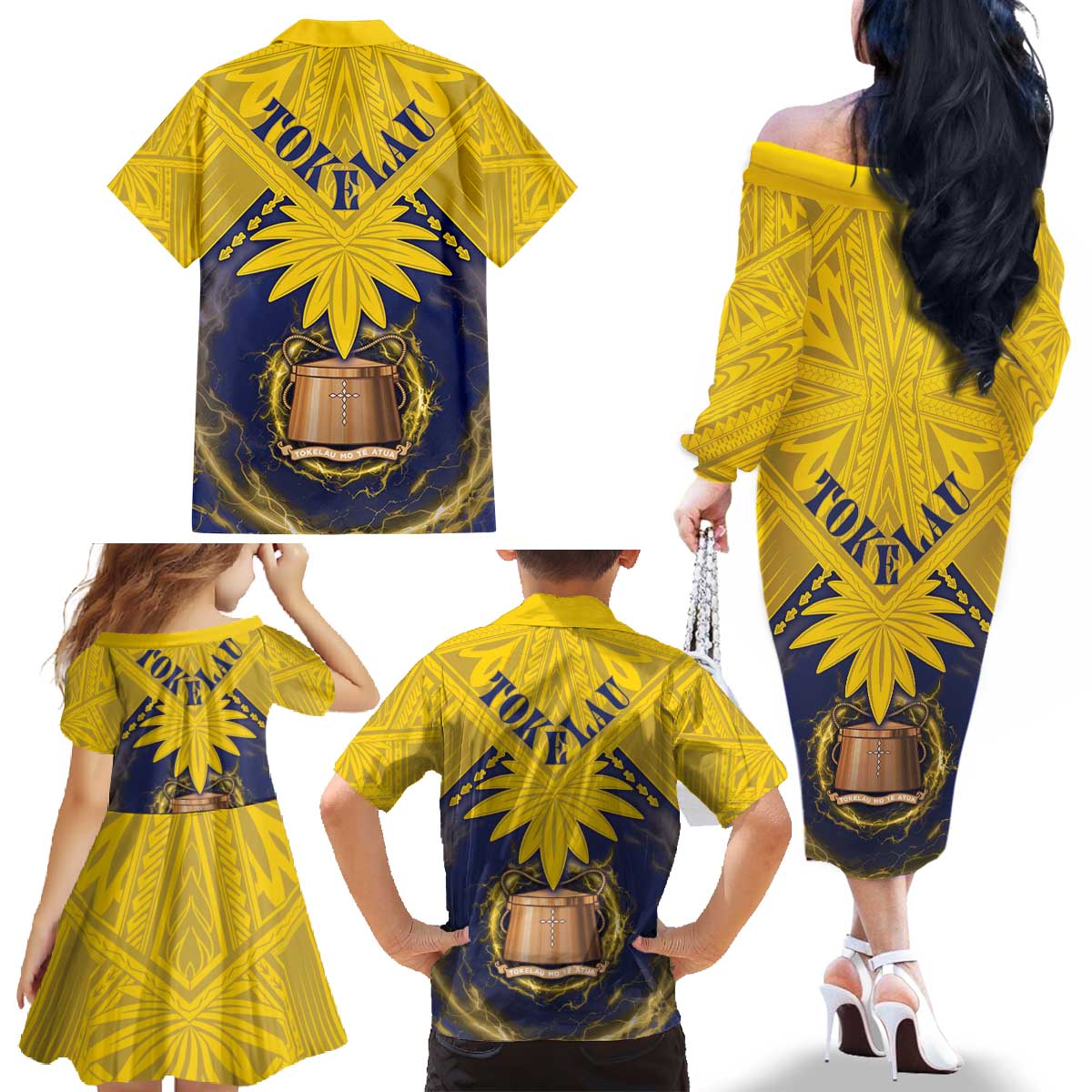 Tokelau Tokehega Day Family Matching Off The Shoulder Long Sleeve Dress and Hawaiian Shirt National Badge Special Style LT05 - Polynesian Pride