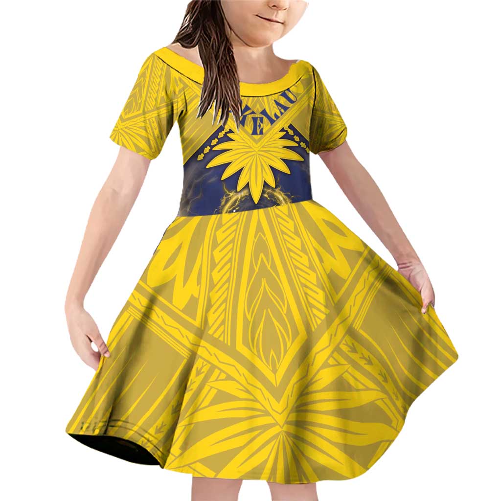 Tokelau Tokehega Day Family Matching Off Shoulder Short Dress and Hawaiian Shirt National Badge Special Style LT05 Daughter's Dress Yellow - Polynesian Pride