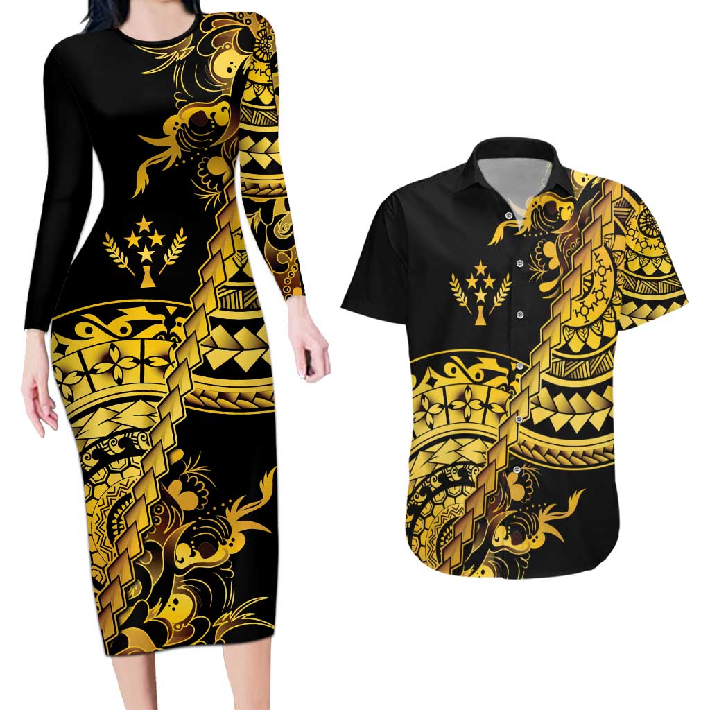 Kosrae Liberation Day Couples Matching Long Sleeve Bodycon Dress and Hawaiian Shirt Polynesian Floral Tattoo LT05 Gold - Polynesian Pride