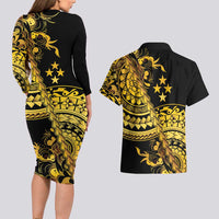 Kosrae Liberation Day Couples Matching Long Sleeve Bodycon Dress and Hawaiian Shirt Polynesian Floral Tattoo LT05 - Polynesian Pride