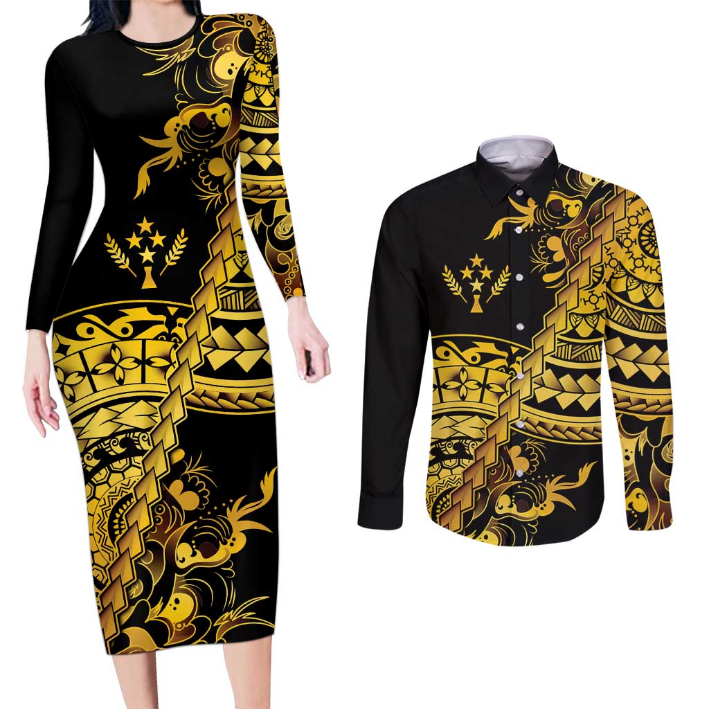 Kosrae Liberation Day Couples Matching Long Sleeve Bodycon Dress and Long Sleeve Button Shirt Polynesian Floral Tattoo LT05 Gold - Polynesian Pride