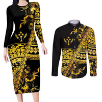 Kosrae Liberation Day Couples Matching Long Sleeve Bodycon Dress and Long Sleeve Button Shirt Polynesian Floral Tattoo LT05 Gold - Polynesian Pride