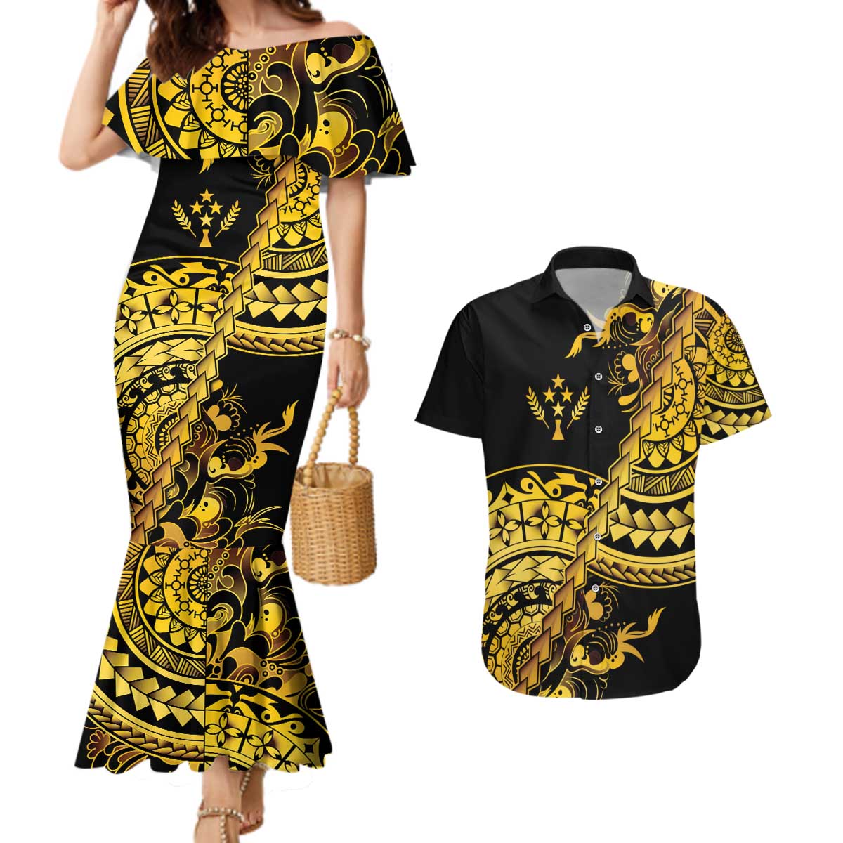 Kosrae Liberation Day Couples Matching Mermaid Dress and Hawaiian Shirt Polynesian Floral Tattoo LT05 Gold - Polynesian Pride
