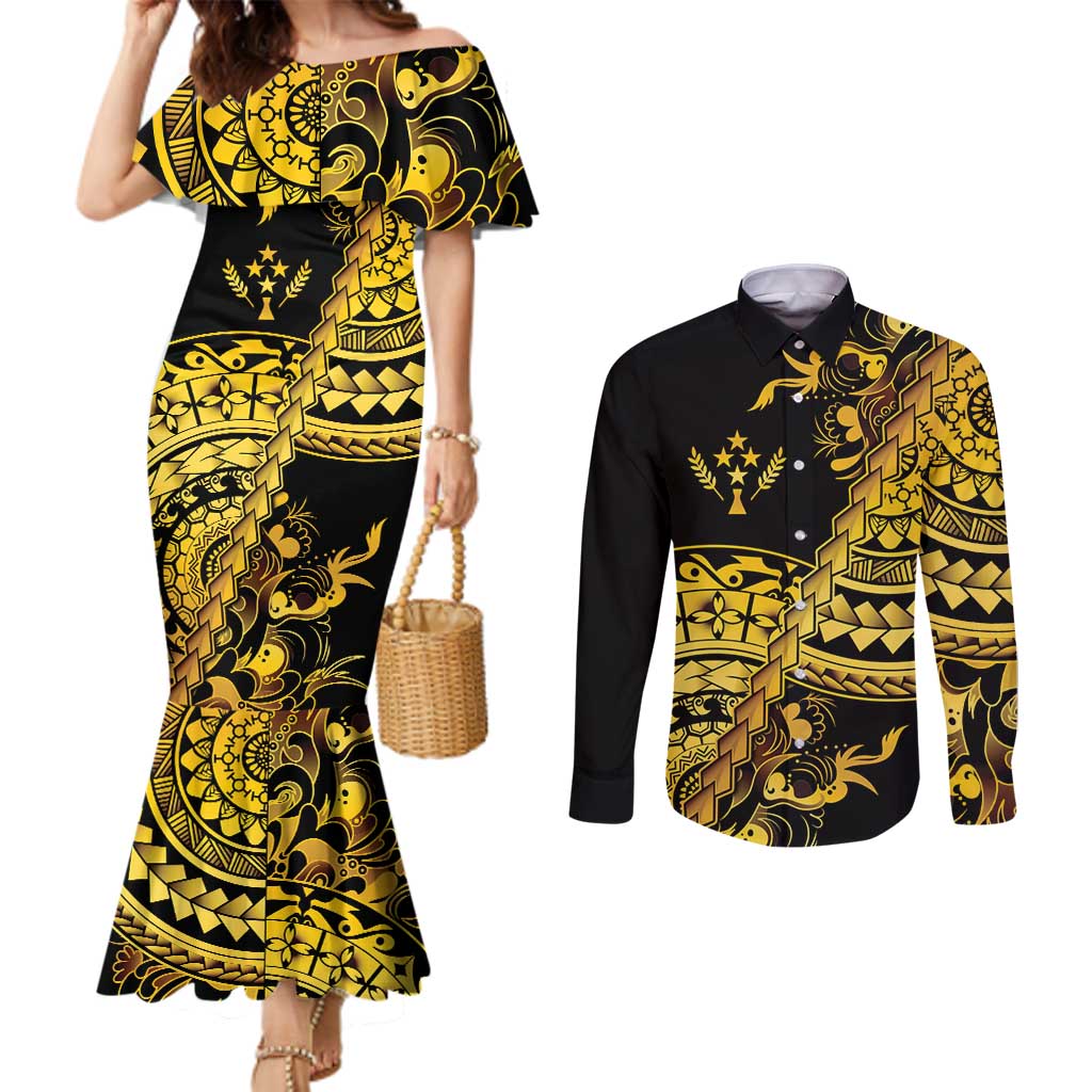 Kosrae Liberation Day Couples Matching Mermaid Dress and Long Sleeve Button Shirt Polynesian Floral Tattoo LT05 Gold - Polynesian Pride