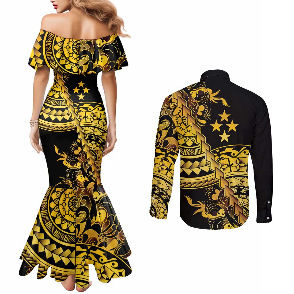 Kosrae Liberation Day Couples Matching Mermaid Dress and Long Sleeve Button Shirt Polynesian Floral Tattoo LT05 - Polynesian Pride