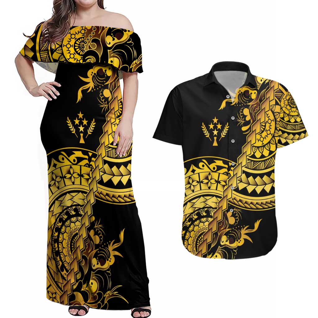 Kosrae Liberation Day Couples Matching Off Shoulder Maxi Dress and Hawaiian Shirt Polynesian Floral Tattoo LT05 Gold - Polynesian Pride