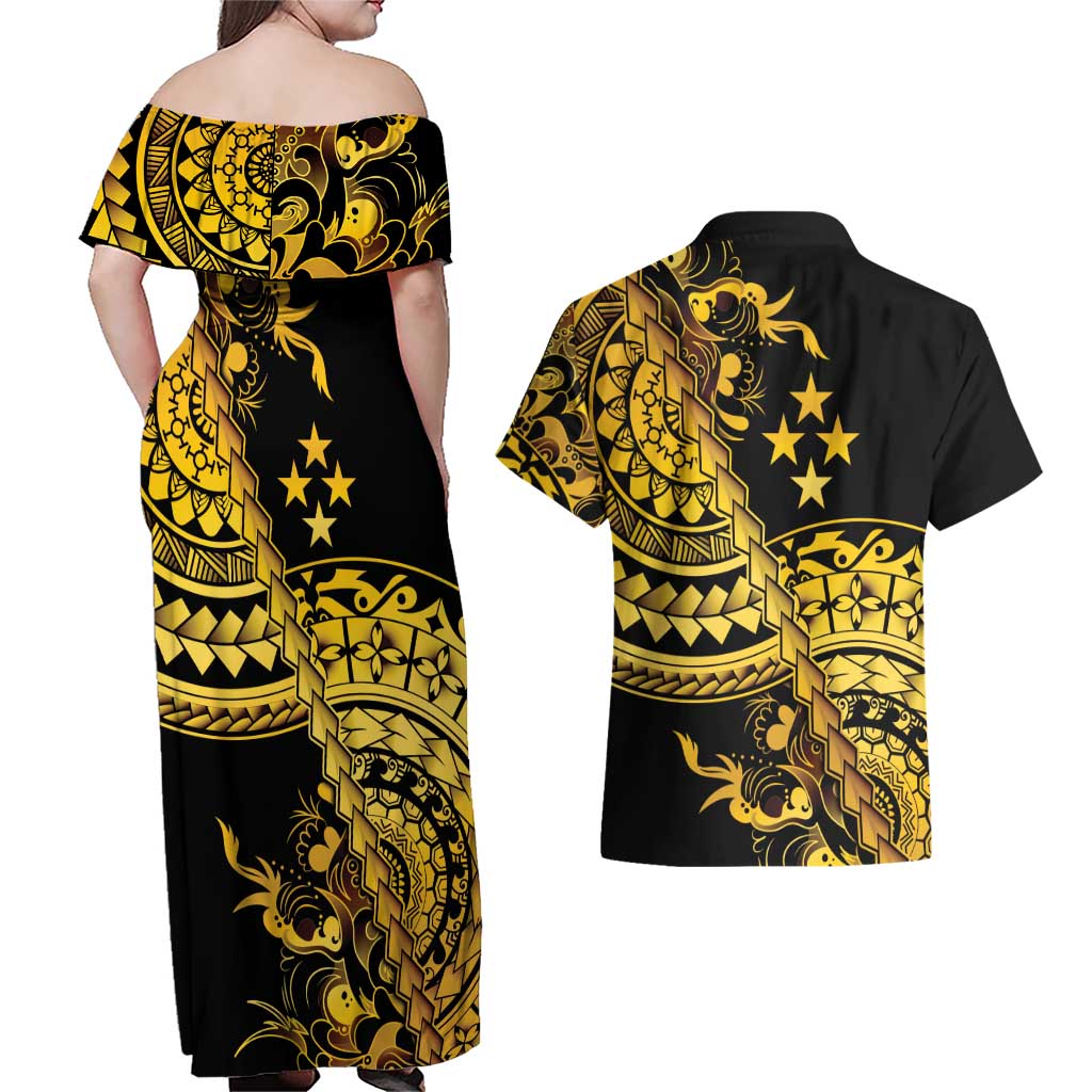 Kosrae Liberation Day Couples Matching Off Shoulder Maxi Dress and Hawaiian Shirt Polynesian Floral Tattoo LT05 - Polynesian Pride