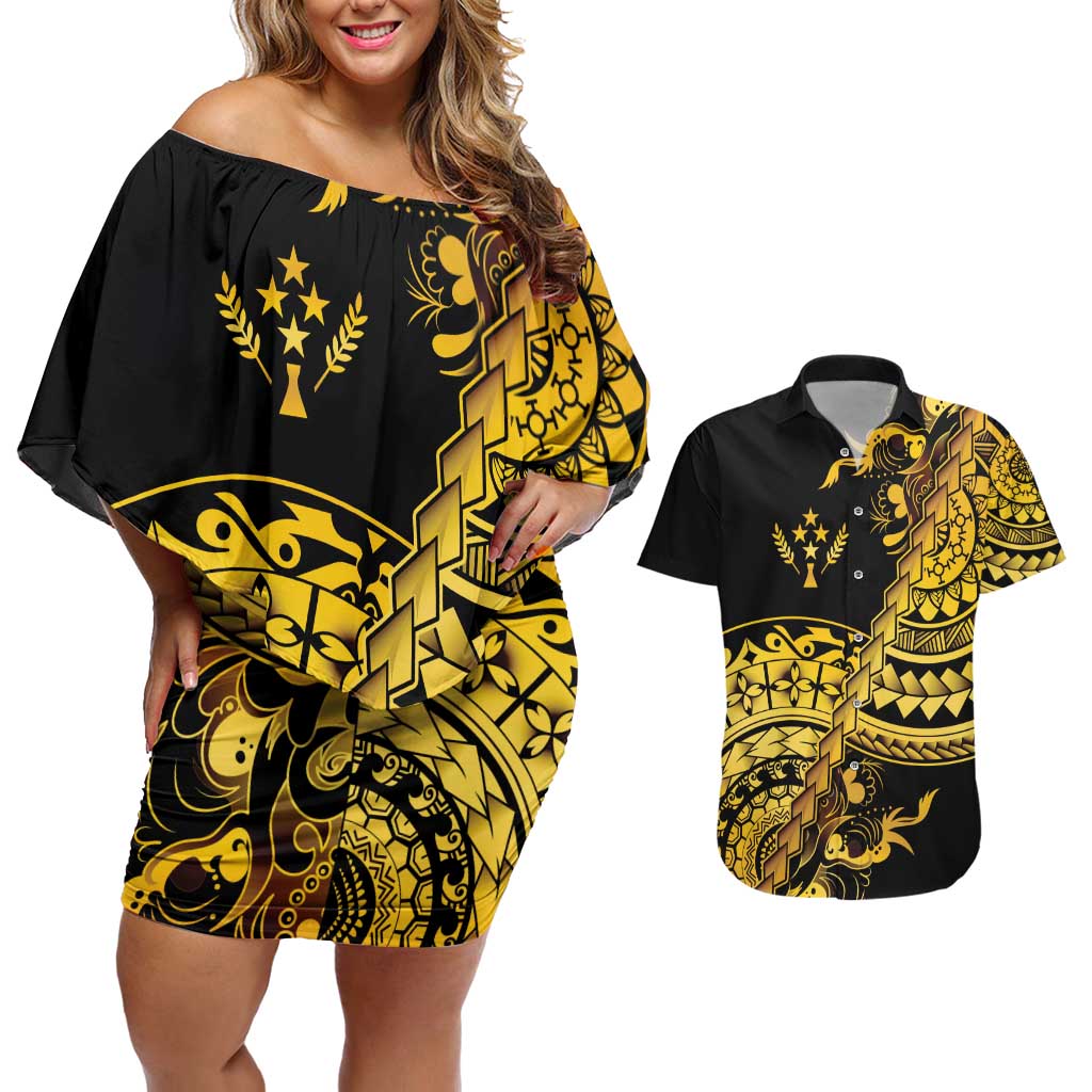 Kosrae Liberation Day Couples Matching Off Shoulder Short Dress and Hawaiian Shirt Polynesian Floral Tattoo LT05 Gold - Polynesian Pride