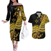 Kosrae Liberation Day Couples Matching Off The Shoulder Long Sleeve Dress and Hawaiian Shirt Polynesian Floral Tattoo LT05 Gold - Polynesian Pride