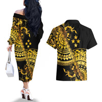 Kosrae Liberation Day Couples Matching Off The Shoulder Long Sleeve Dress and Hawaiian Shirt Polynesian Floral Tattoo LT05 - Polynesian Pride
