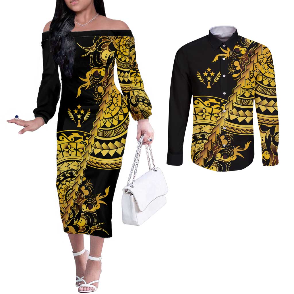 Kosrae Liberation Day Couples Matching Off The Shoulder Long Sleeve Dress and Long Sleeve Button Shirt Polynesian Floral Tattoo LT05 Gold - Polynesian Pride