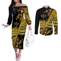 Kosrae Liberation Day Couples Matching Off The Shoulder Long Sleeve Dress and Long Sleeve Button Shirt Polynesian Floral Tattoo LT05 Gold - Polynesian Pride