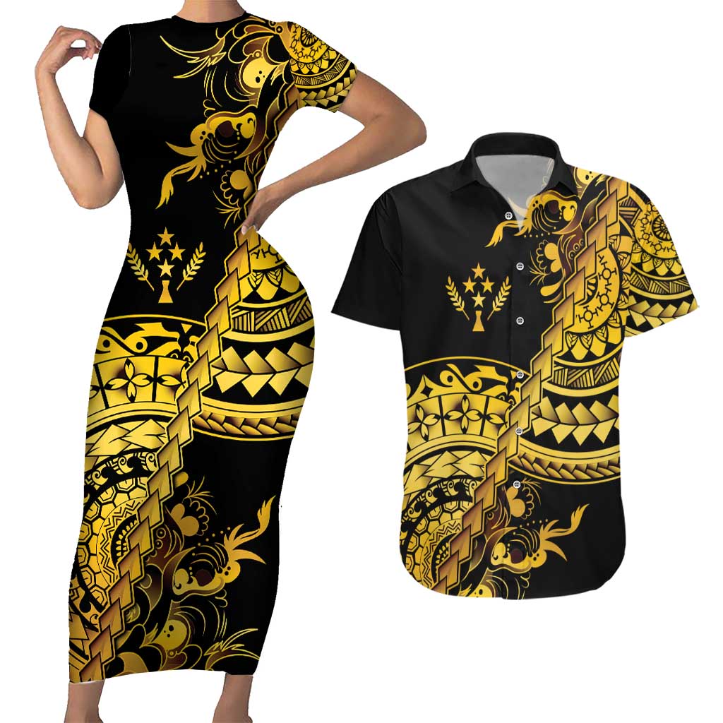 Kosrae Liberation Day Couples Matching Short Sleeve Bodycon Dress and Hawaiian Shirt Polynesian Floral Tattoo LT05 Gold - Polynesian Pride