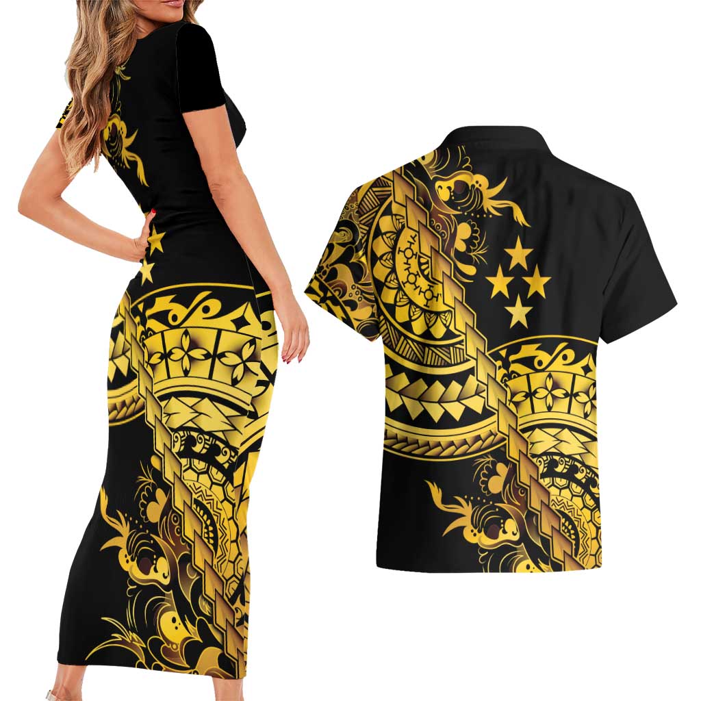 Kosrae Liberation Day Couples Matching Short Sleeve Bodycon Dress and Hawaiian Shirt Polynesian Floral Tattoo LT05 - Polynesian Pride