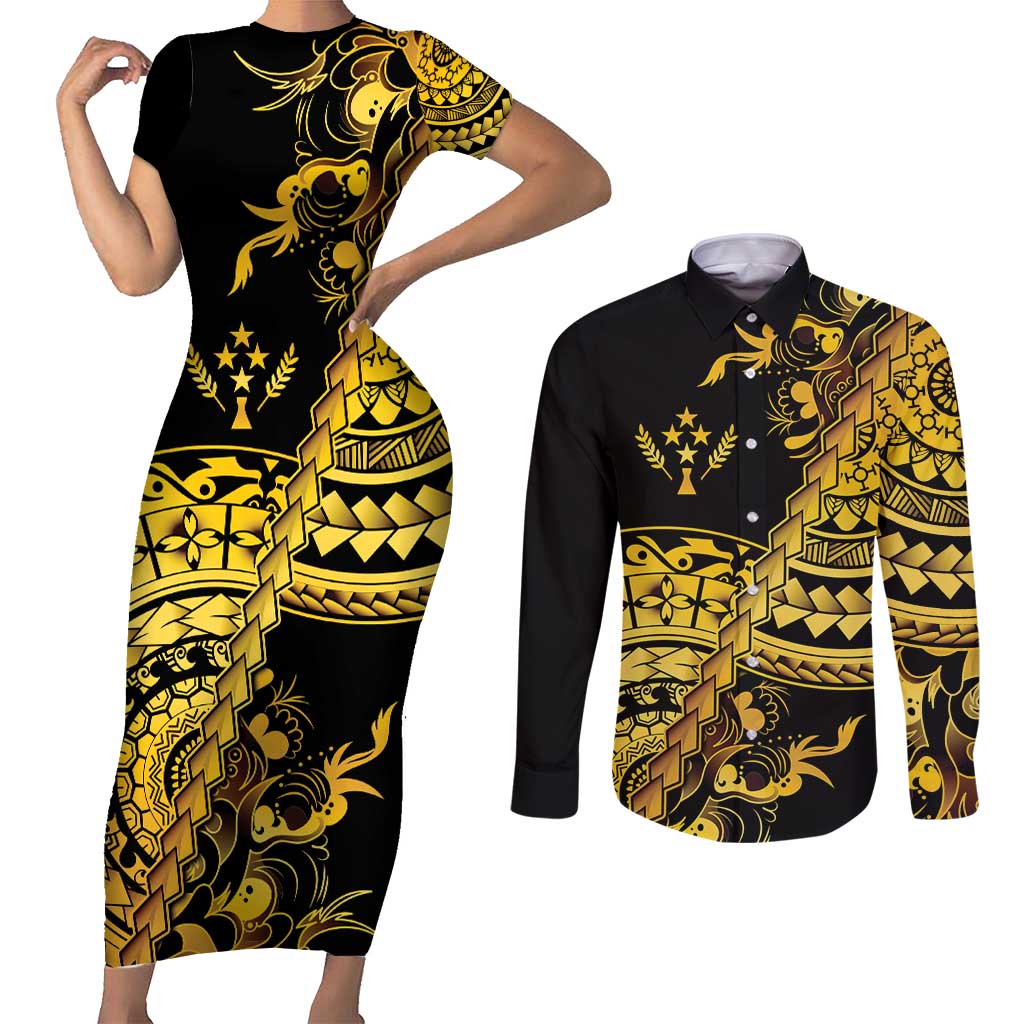 Kosrae Liberation Day Couples Matching Short Sleeve Bodycon Dress and Long Sleeve Button Shirt Polynesian Floral Tattoo LT05 Gold - Polynesian Pride