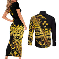 Kosrae Liberation Day Couples Matching Short Sleeve Bodycon Dress and Long Sleeve Button Shirt Polynesian Floral Tattoo LT05 - Polynesian Pride