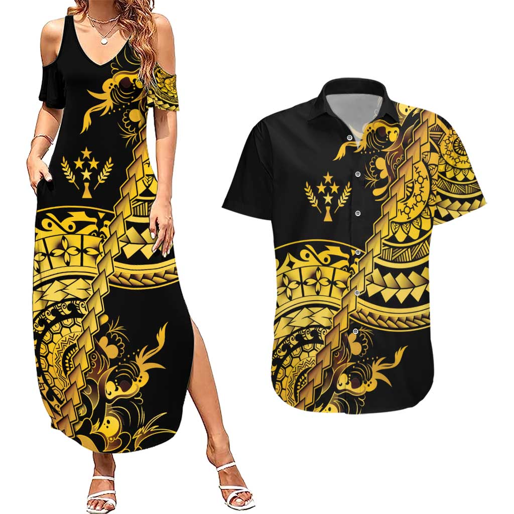 Kosrae Liberation Day Couples Matching Summer Maxi Dress and Hawaiian Shirt Polynesian Floral Tattoo LT05 Gold - Polynesian Pride