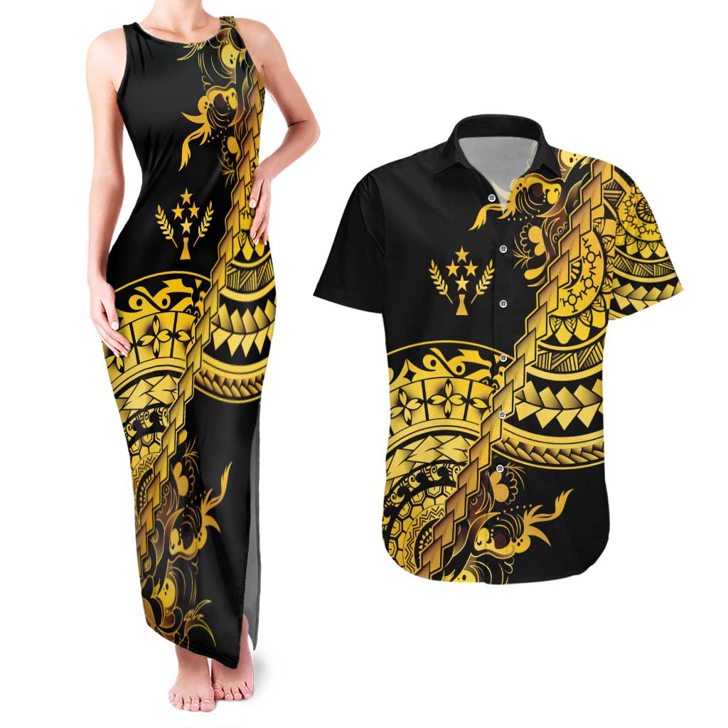 Kosrae Liberation Day Couples Matching Tank Maxi Dress and Hawaiian Shirt Polynesian Floral Tattoo LT05 Gold - Polynesian Pride