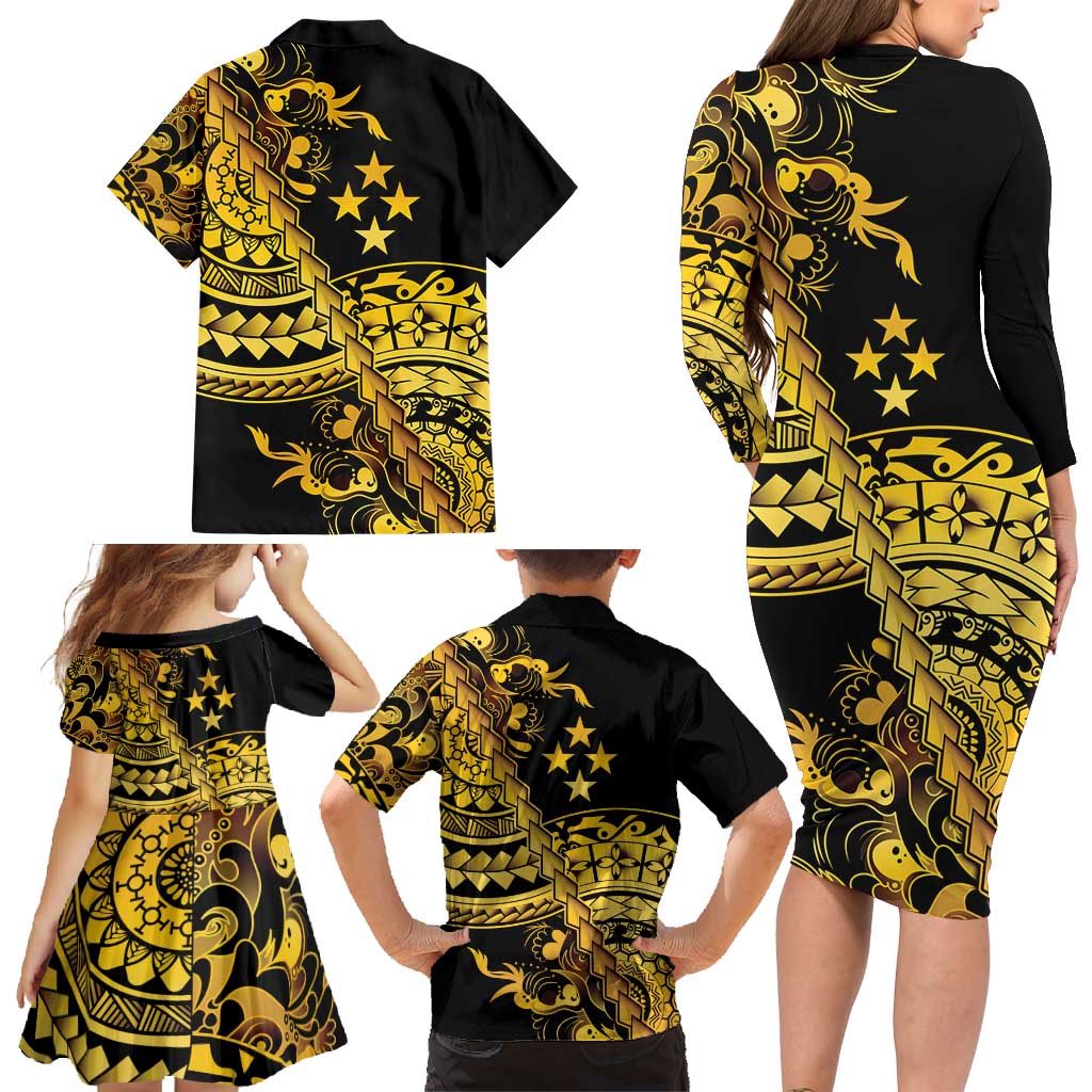 Kosrae Liberation Day Family Matching Long Sleeve Bodycon Dress and Hawaiian Shirt Polynesian Floral Tattoo LT05 - Polynesian Pride
