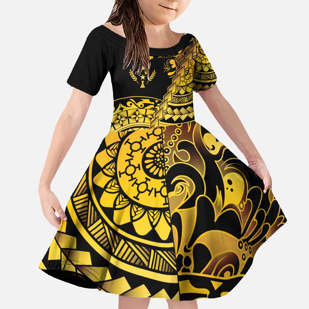 Kosrae Liberation Day Family Matching Off The Shoulder Long Sleeve Dress and Hawaiian Shirt Polynesian Floral Tattoo LT05 Daughter's Dress Gold - Polynesian Pride
