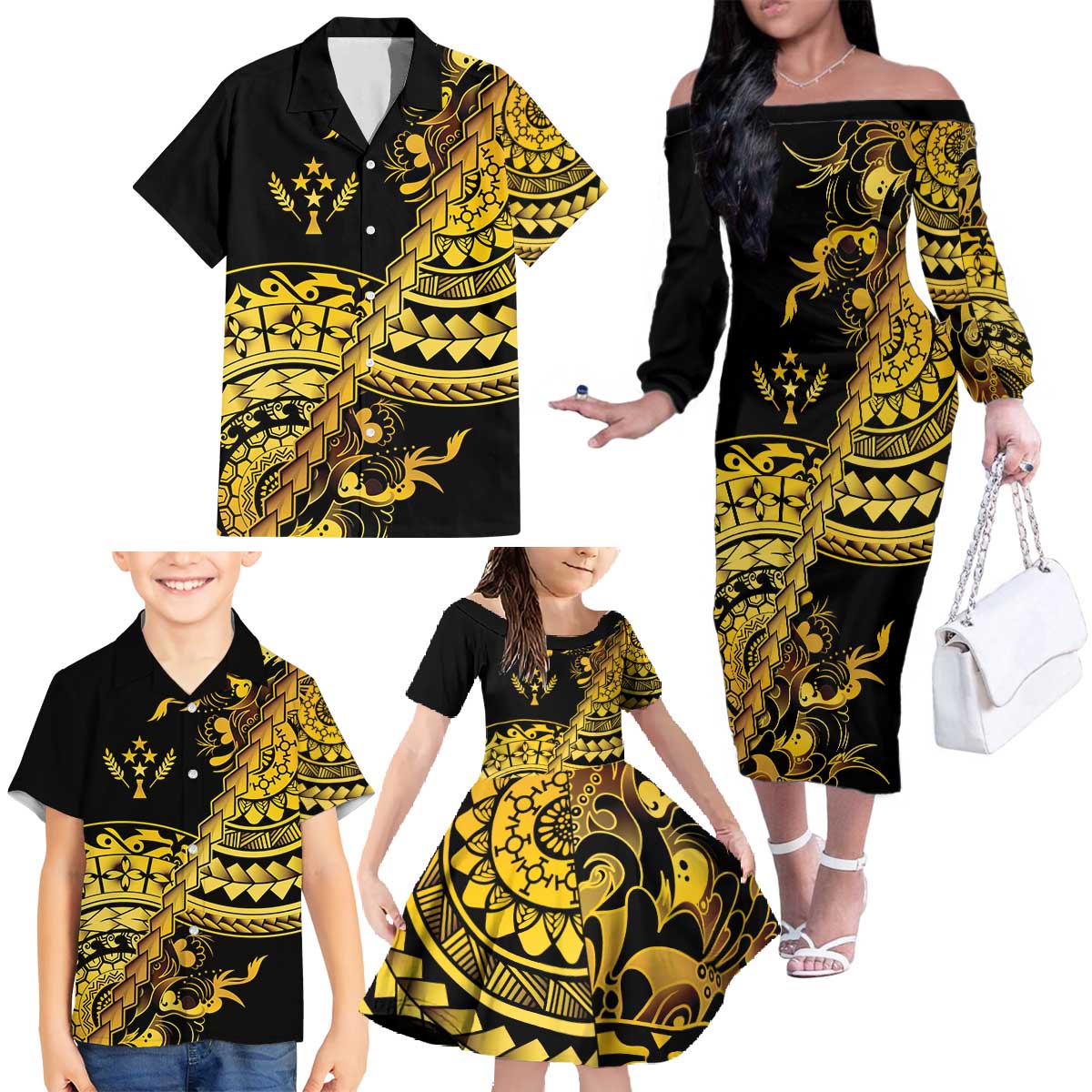 Kosrae Liberation Day Family Matching Off The Shoulder Long Sleeve Dress and Hawaiian Shirt Polynesian Floral Tattoo LT05 - Polynesian Pride
