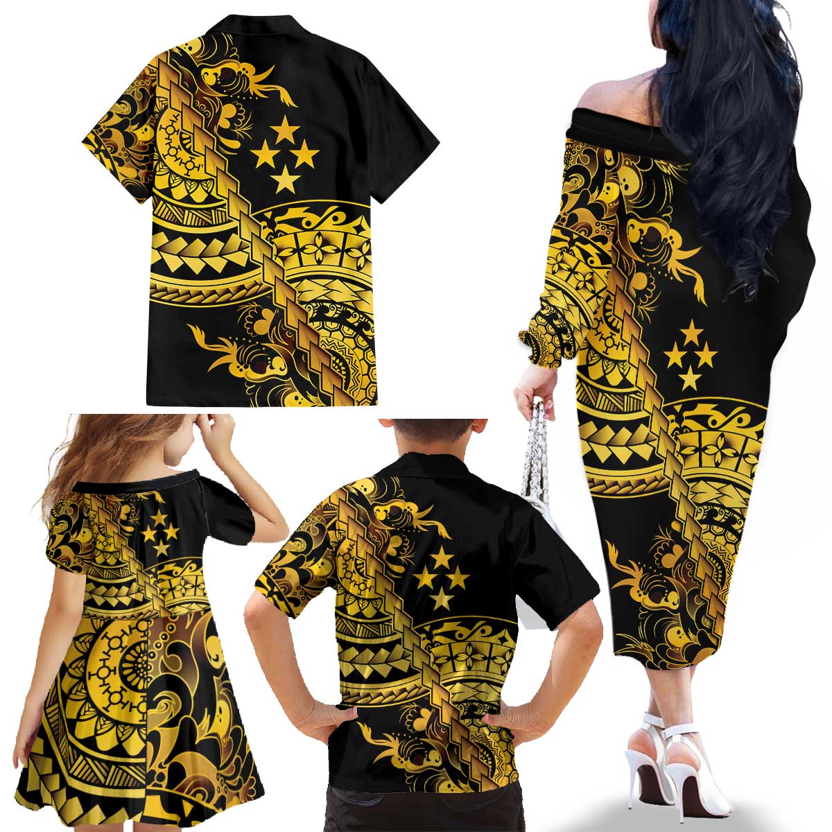 Kosrae Liberation Day Family Matching Off The Shoulder Long Sleeve Dress and Hawaiian Shirt Polynesian Floral Tattoo LT05 - Polynesian Pride