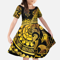 Kosrae Liberation Day Family Matching Off Shoulder Maxi Dress and Hawaiian Shirt Polynesian Floral Tattoo LT05 Daughter's Dress Gold - Polynesian Pride