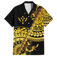 Kosrae Liberation Day Family Matching Off Shoulder Maxi Dress and Hawaiian Shirt Polynesian Floral Tattoo LT05 Dad's Shirt - Short Sleeve Gold - Polynesian Pride