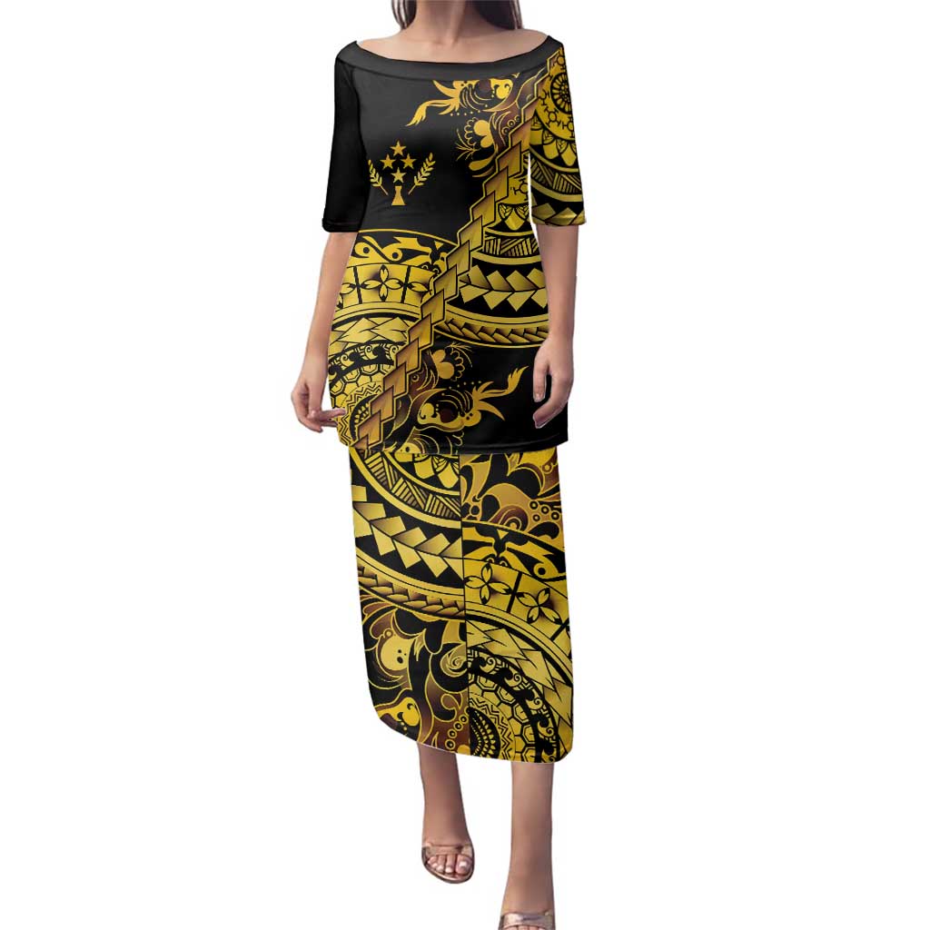 Kosrae Liberation Day Family Matching Puletasi and Hawaiian Shirt Polynesian Floral Tattoo LT05 Mom's Dress Gold - Polynesian Pride
