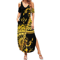Kosrae Liberation Day Family Matching Summer Maxi Dress and Hawaiian Shirt Polynesian Floral Tattoo LT05 Mom's Dress Gold - Polynesian Pride