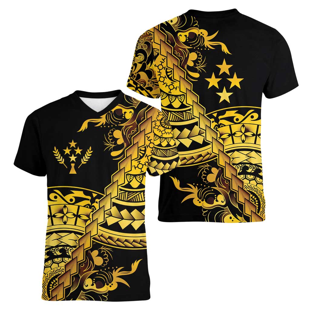 Kosrae Liberation Day Women V-Neck T-Shirt Polynesian Floral Tattoo - Polynesian Pride