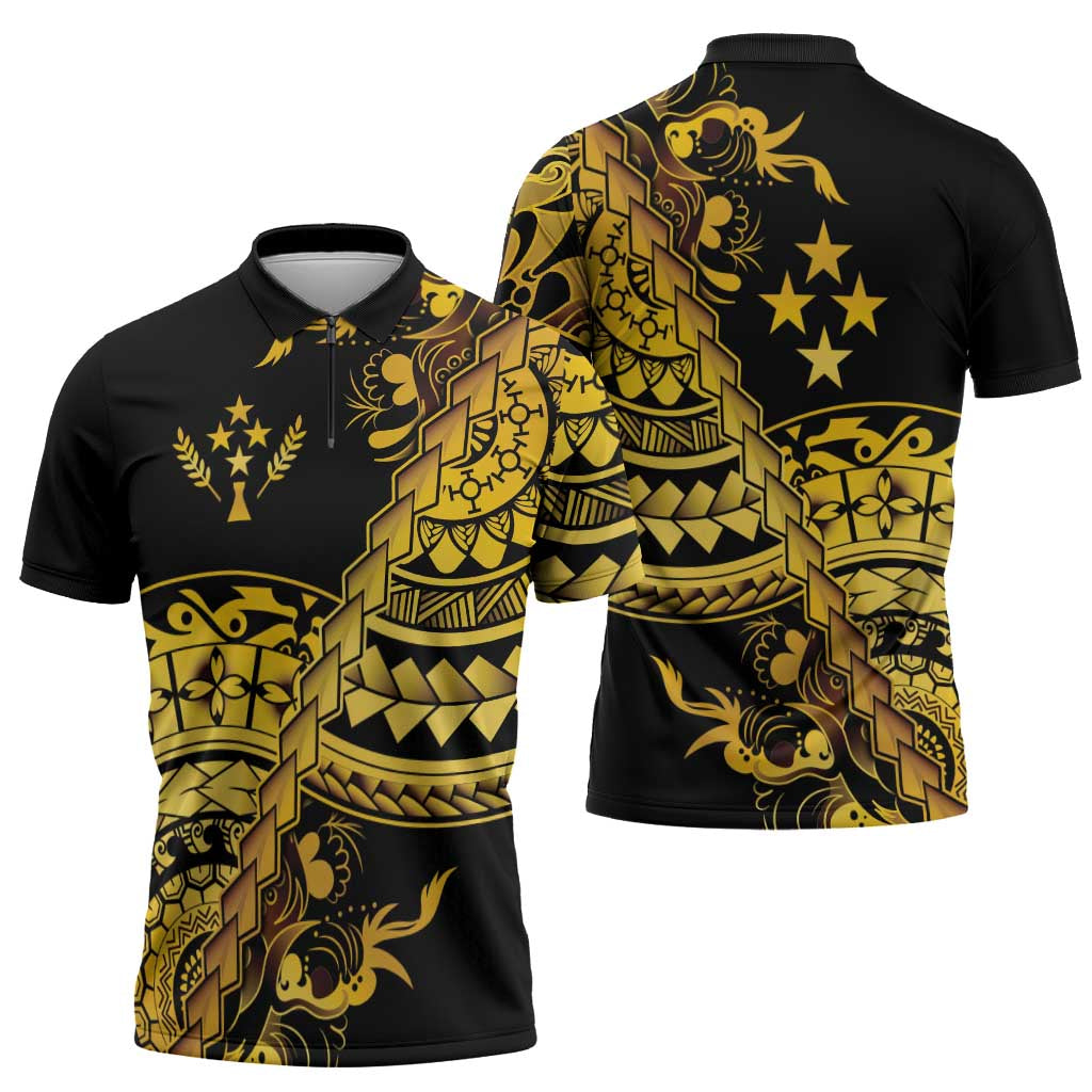Kosrae Liberation Day Zipper Polo Shirt Polynesian Floral Tattoo - Polynesian Pride
